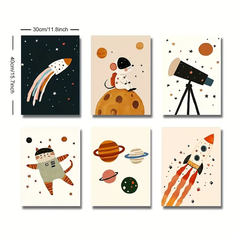 Set of 6 Unframed Outer Space Adventure Nursery Canvas Poster Print  Inspiring Space-Themed Wall Art for Youngsters Rooms