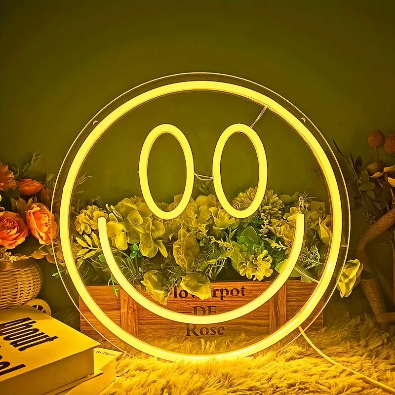 Yellow Smile Face Neon Sign LED Neon Light Wall Decor for Kids Rooms, Bedrooms, and Parties