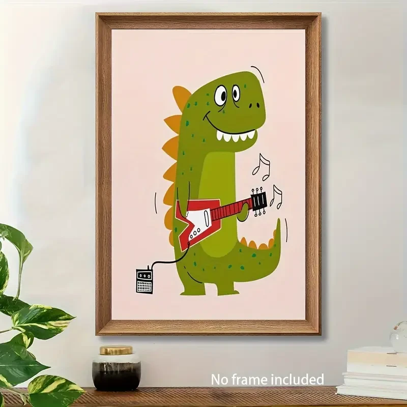 Funny Dinosaur Playing Guitar Canvas Art Print Whimsical 12x18 Inch Wall Decor for Kids' Rooms