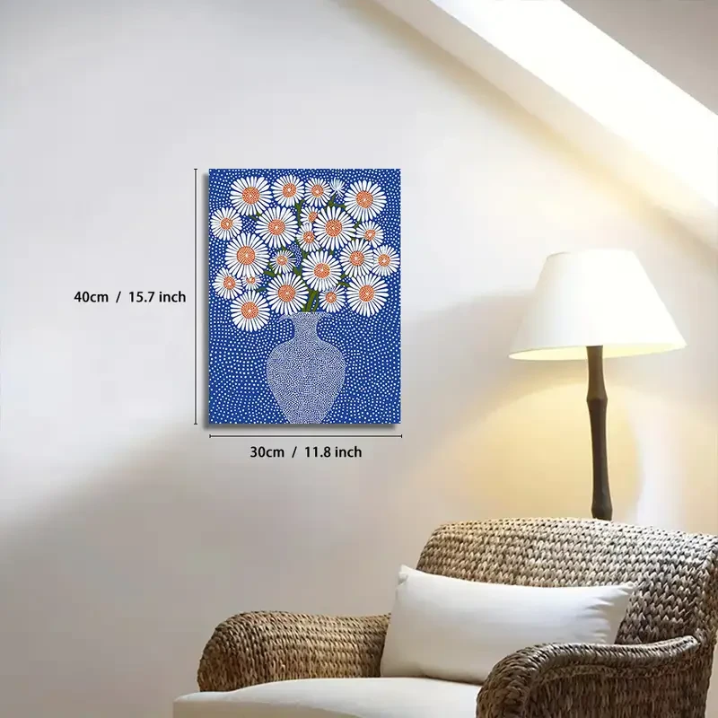 1pc Framed Daisies Blue Vase Floral Wall Art Canvas Print  White Polka Dot Background, Modern Gallery Artwork for Home, Bedroom, Bathroom, Living Room Decor  Wooden Frame, Perfect for Room Decor