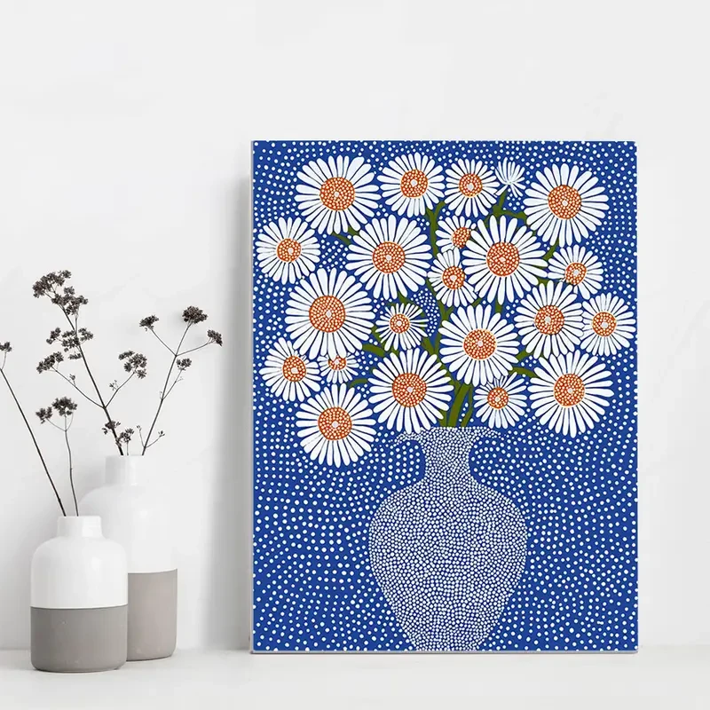 1pc Framed Daisies Blue Vase Floral Wall Art Canvas Print  White Polka Dot Background, Modern Gallery Artwork for Home, Bedroom, Bathroom, Living Room Decor  Wooden Frame, Perfect for Room Decor
