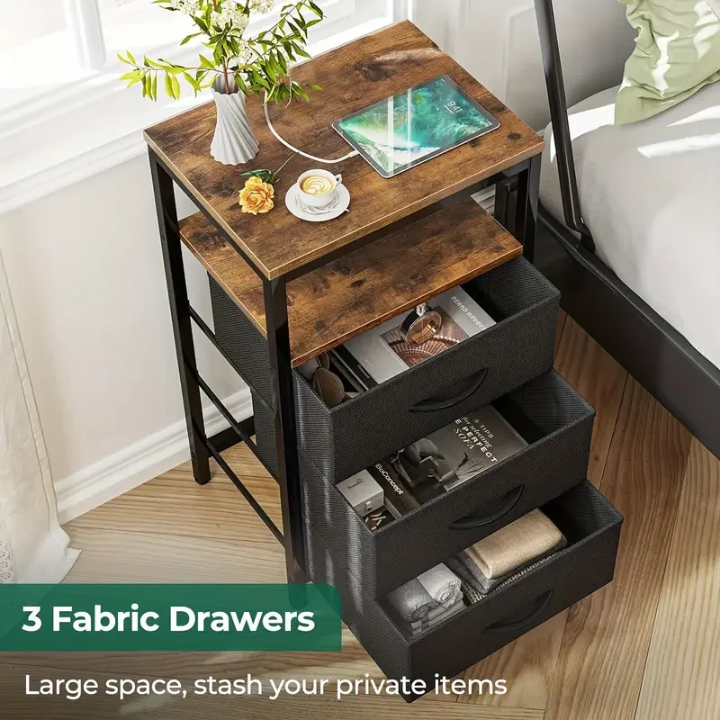 Industrial Style Metal Frame Bedside Table with 3 Fabric Storage Drawers  Multi-Purpose Nightstand Organizer for Living Room, Office, Bedroom, and More