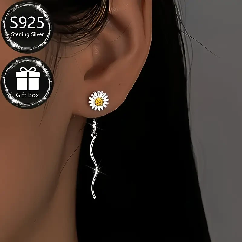 1 Pair of S925 Sterling Silver Fashion Womens Dangling Earrings  Elegant Daisy Line Tassel Design for Everyday and Special Occasions