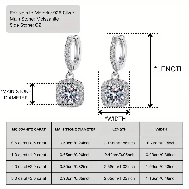 1 Pair of 2.0 Ct White Moissanite Earrings, 3.6g S925 Sterling Silver  Sparkling Square Cut with Rhodium Plating, Perfect for Special Occasions and Daily Wear