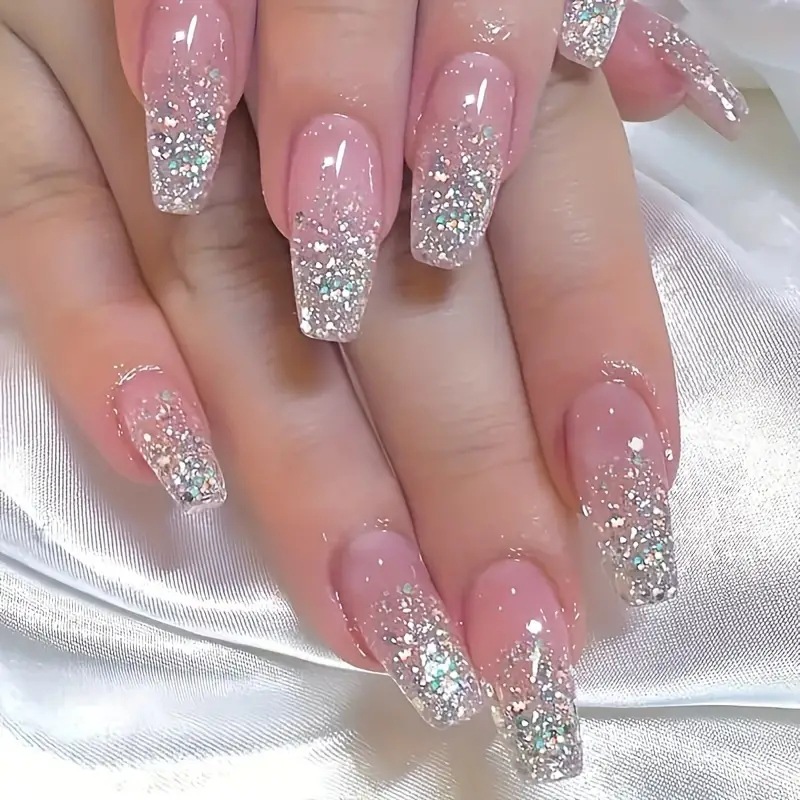French Coffin Nails With Glitter