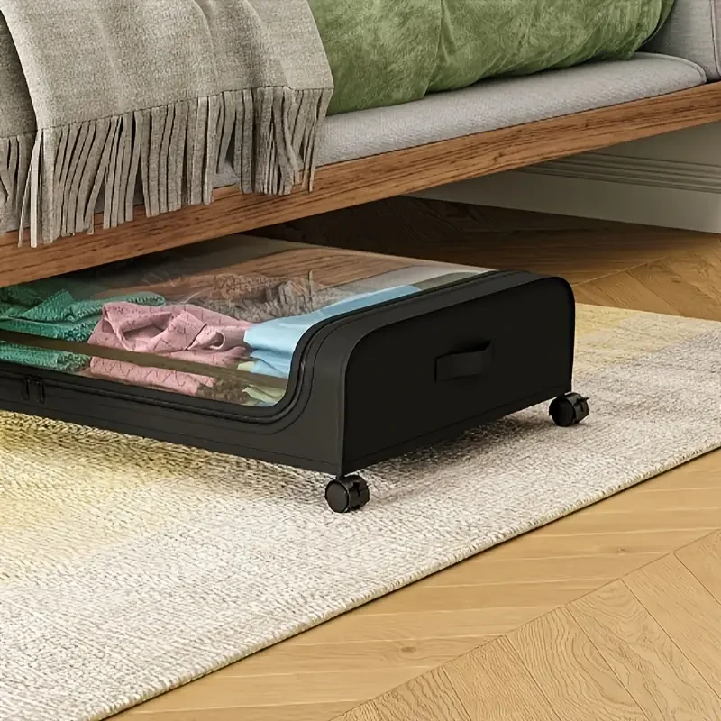 1pc Black Under Bed Storage Box with Wheels & Transparent Dustproof Cover  Large Capacity Space-Saving Organizer for Clothes, Books, Toys, Jewelry, and Decor