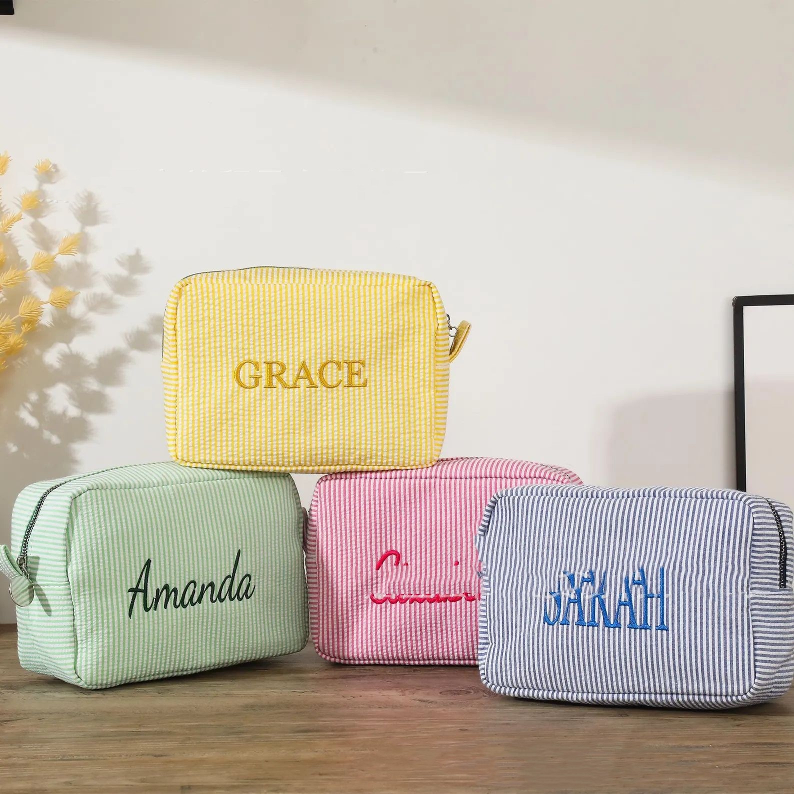 Personalized Embroidered Striped Bubble Yarn Makeup Bag