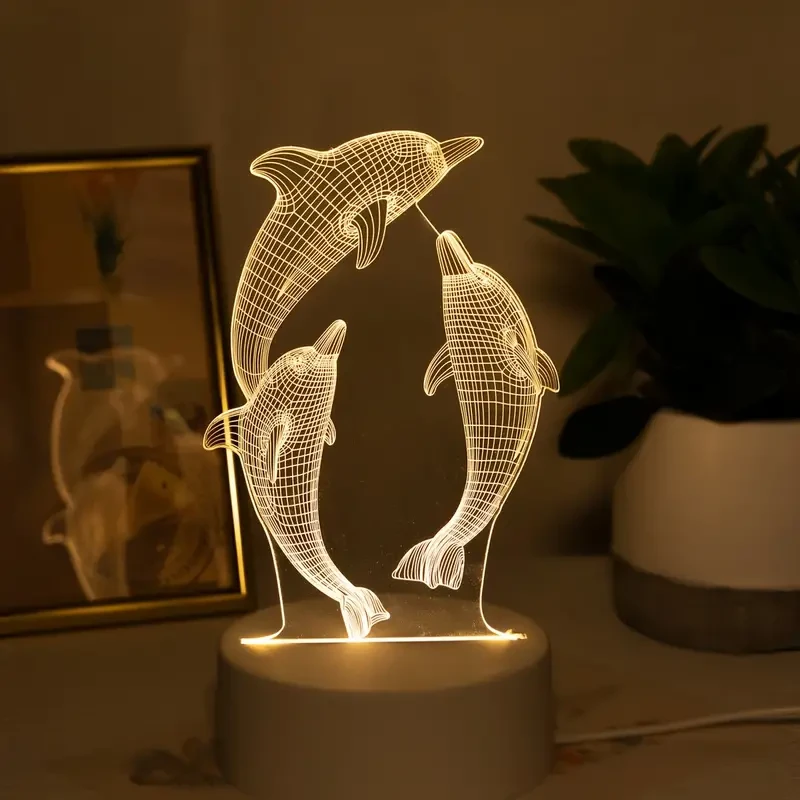 USB 3D Glowing Dolphin Night Light - Ocean Animal Table Lamp for Home Decoration and Gifts