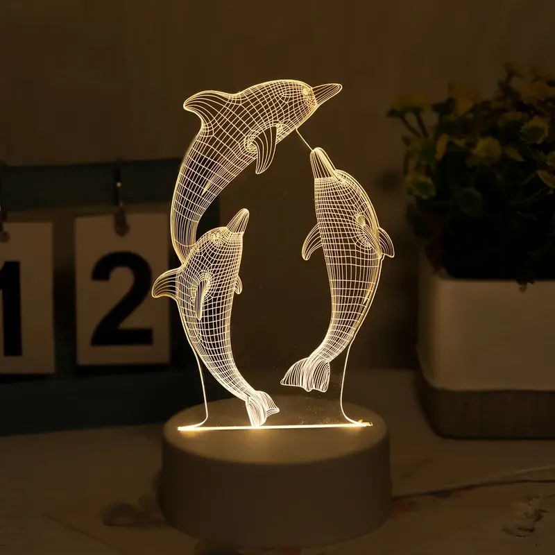 USB 3D Glowing Dolphin Night Light - Ocean Animal Table Lamp for Home Decoration and Gifts