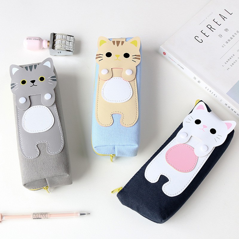 Korean version of the cute and simple creative cat cartoon canvas pencil bag female students large capacity zipper pencil case pencil case