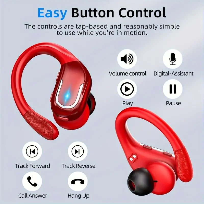Red Wireless Earbuds for Running - Enhanced Bass Earphones with Sweatproof Earhooks, Dual-LED Display, and Noise Cancelling Technology