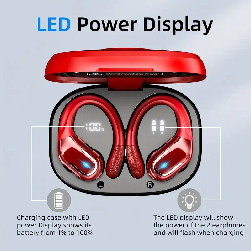 Red Wireless Earbuds for Running - Enhanced Bass Earphones with Sweatproof Earhooks, Dual-LED Display, and Noise Cancelling Technology