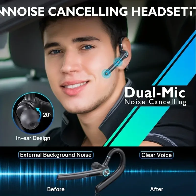 Wireless Earpiece Headset - 50Hrs Playback with Dual Mic Noise Canceling, 400mAh LED Charging Case for Business, Office, Trucker - Black