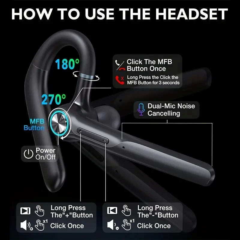 Wireless Earpiece Headset - 50Hrs Playback with Dual Mic Noise Canceling, 400mAh LED Charging Case for Business, Office, Trucker - Black
