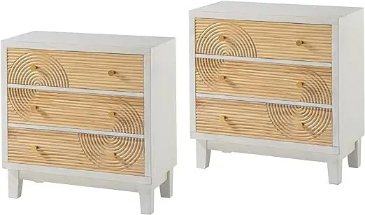 Farmhouse Dresser with Handicraft Wood Ring Motif - Fully Assembled Nightstand with Wooden Finish for Boho, Mid-Century, Natural Wood