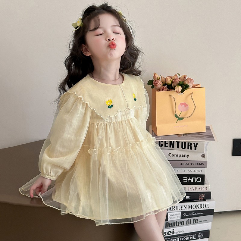 Girls Navy Collar Long Sleeve Dress