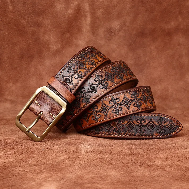 Thick First Layer Cowhide Double-sided Available Carved Genuine Leather Belt