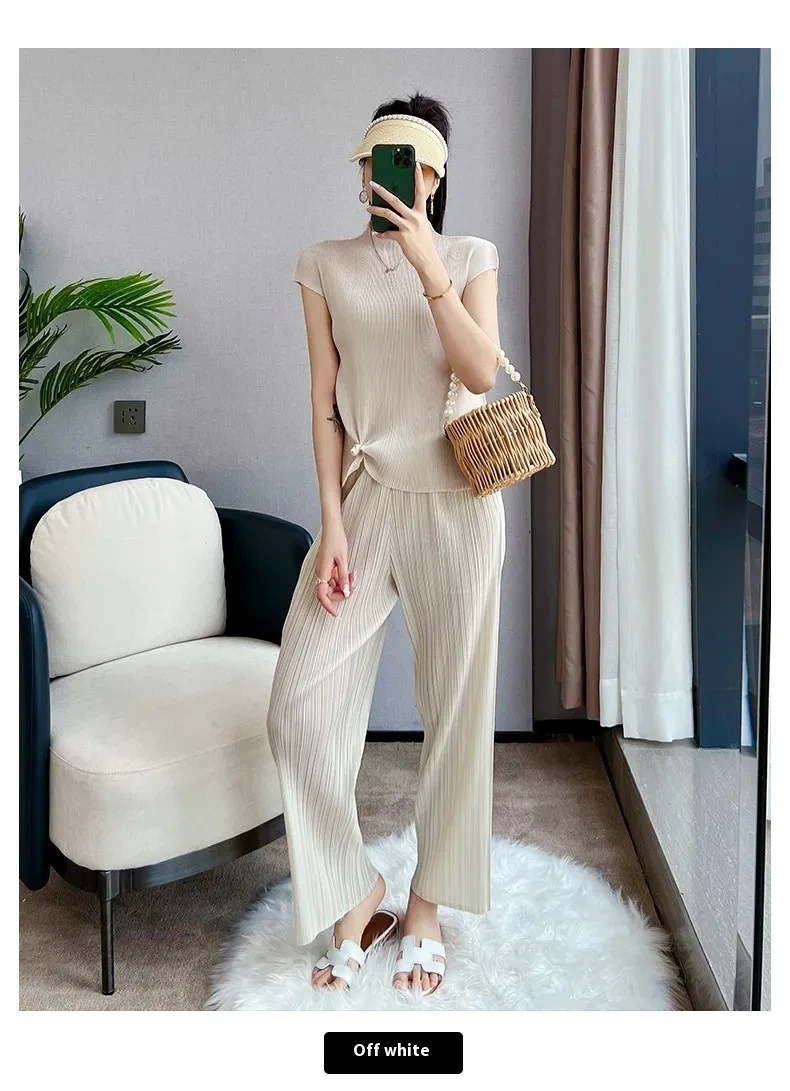 Pleated Summer Clothes Two-piece Suit Top Wide Leg Pants Suit Women