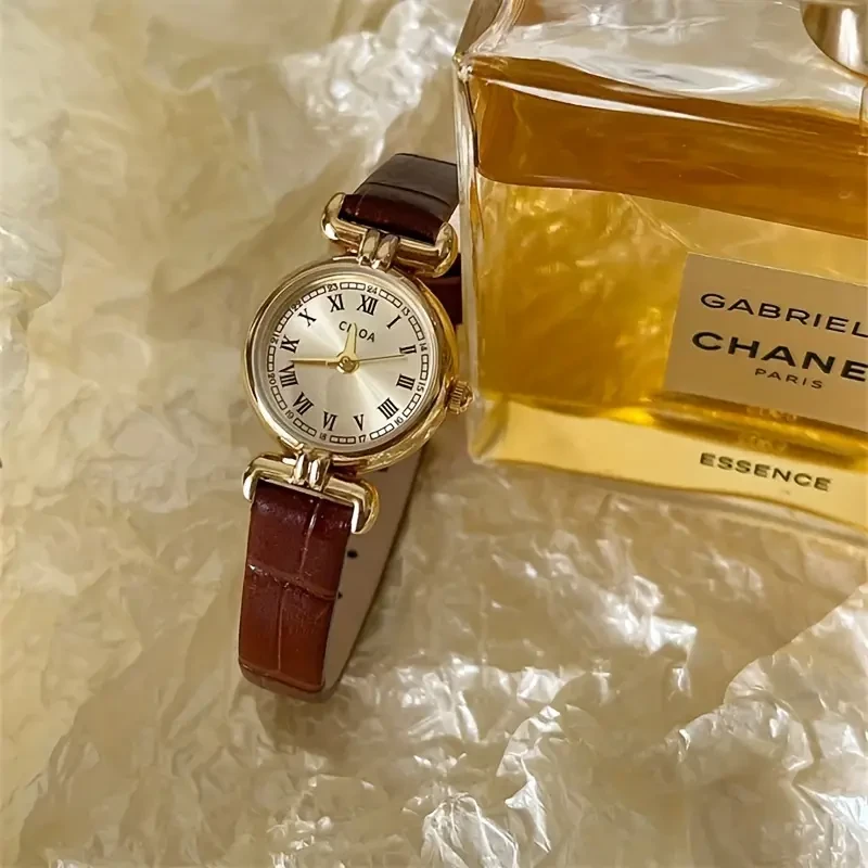 NASIR Vintage-Inspired Womens Quartz Watch with Brown Calfskin Strap & Golden-Tone Stainless Steel Case - Elegant Analog Display for Casual Attire, Stylish Retro Design, Watch Accessories
