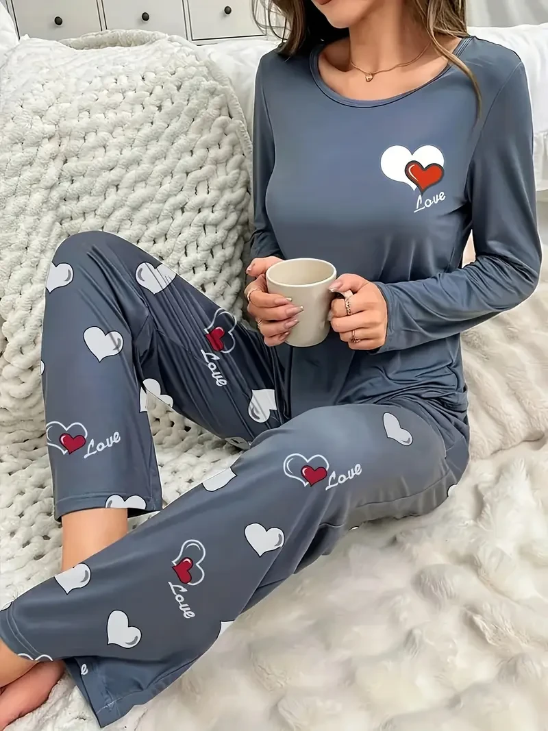 Autumn and Winter Women's Pajama Set, Dark Grey Cartoon Heart Pattern, Cute Long Sleeve and Pants, Round Neck Sleepwear, Loose Comfortable Home Wear