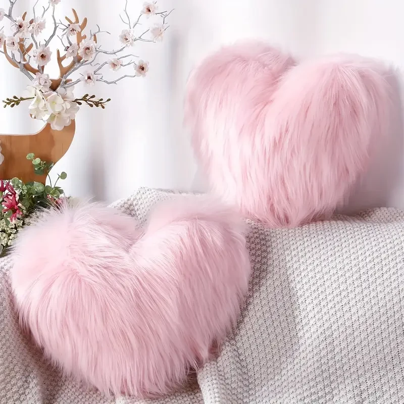 FUSFEEL Pink Heart-Shaped Faux Fur Throw Pillow Cover - Cozy Decorative Cushion Case for Living Room or Bedroom, Zipper Closure, Geometric Design, 45.72cm x 45.72cm, No Insert Included, Living Room Decor | Cozy Home Accessory | Soft Texture, Cute Pillows