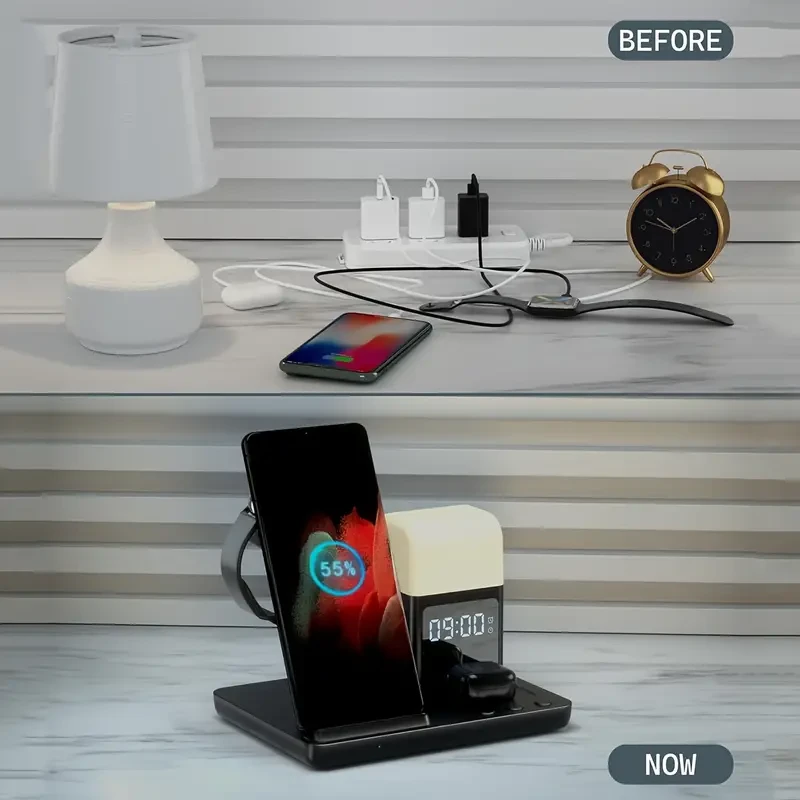6-in-1 Wireless Charging Station with LED Display, Alarm & Night Light