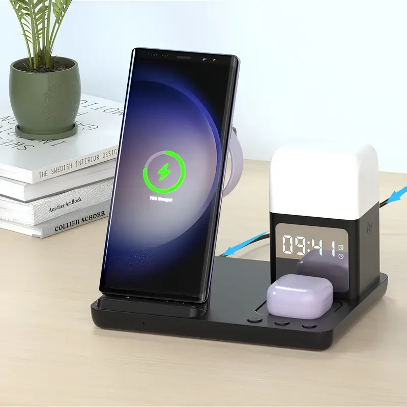 6-in-1 Wireless Charging Station with LED Display, Alarm & Night Light