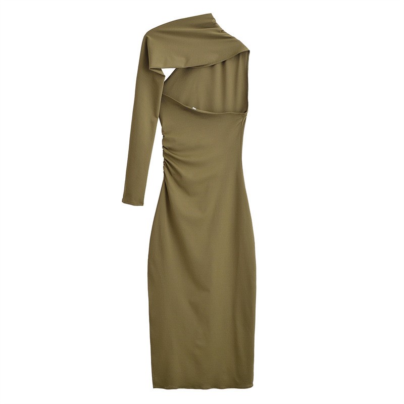 European And American Style Fashionable Asymmetric Pleated Decoration Length Dress