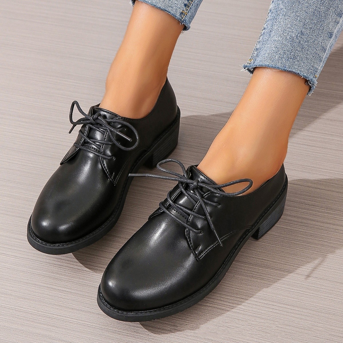 Work Black Professional Soft Sole Leather Thick Heel Women's Shoes