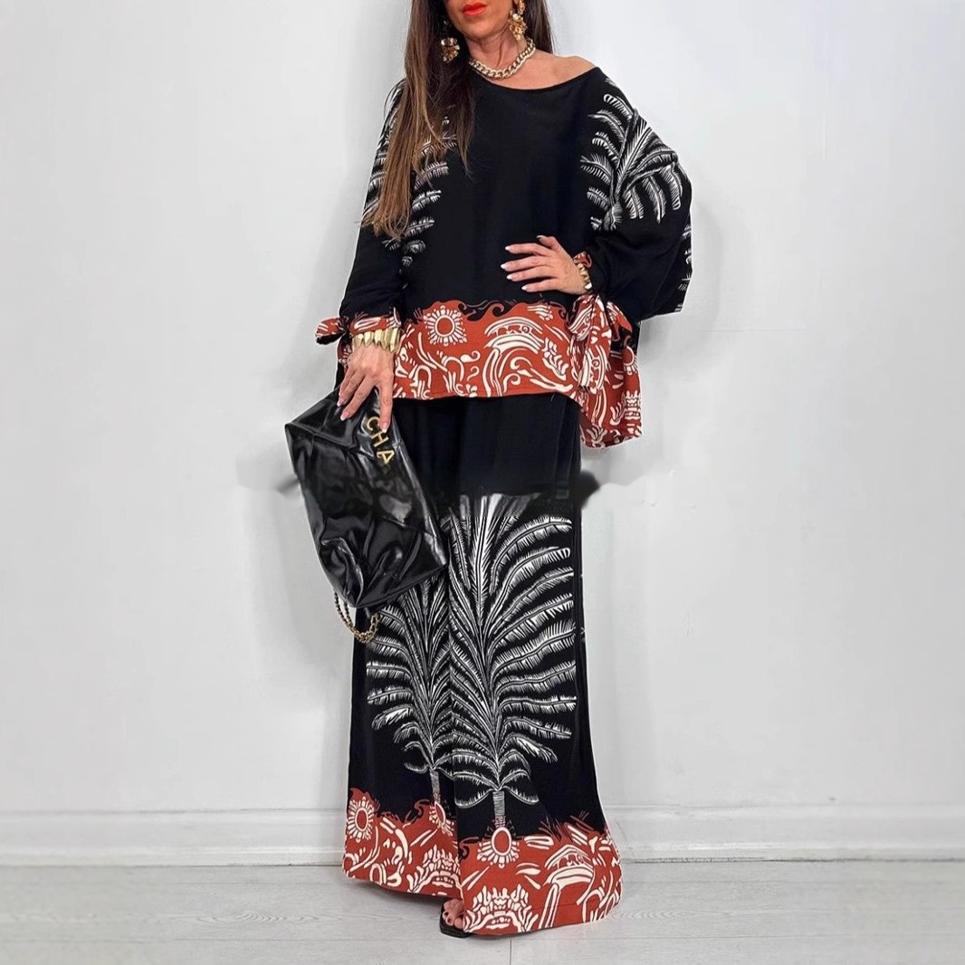 Vintage Floral Print Long Sleeves Top Wide Leg Pants Suit