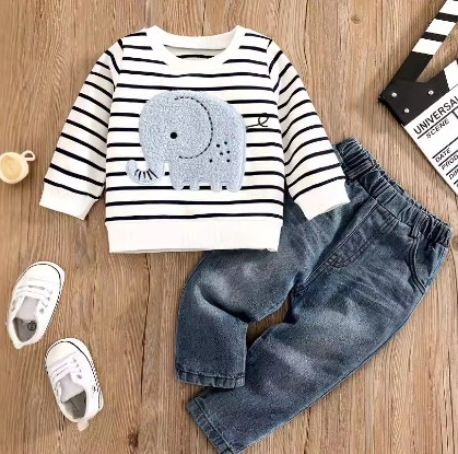 Children's Baby Suit Embroidered Striped Long-sleeved Jeans Suit