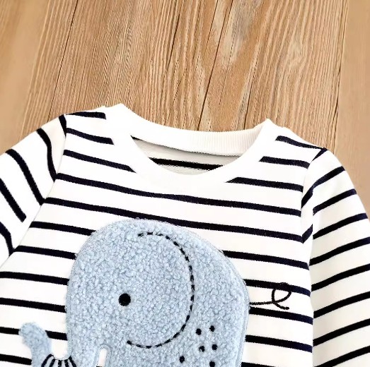 Children's Baby Suit Embroidered Striped Long-sleeved Jeans Suit