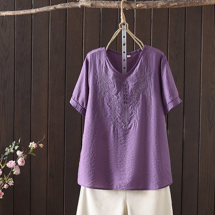 Women's T-shirt Cotton And Linen Embroidery Loose Fashion