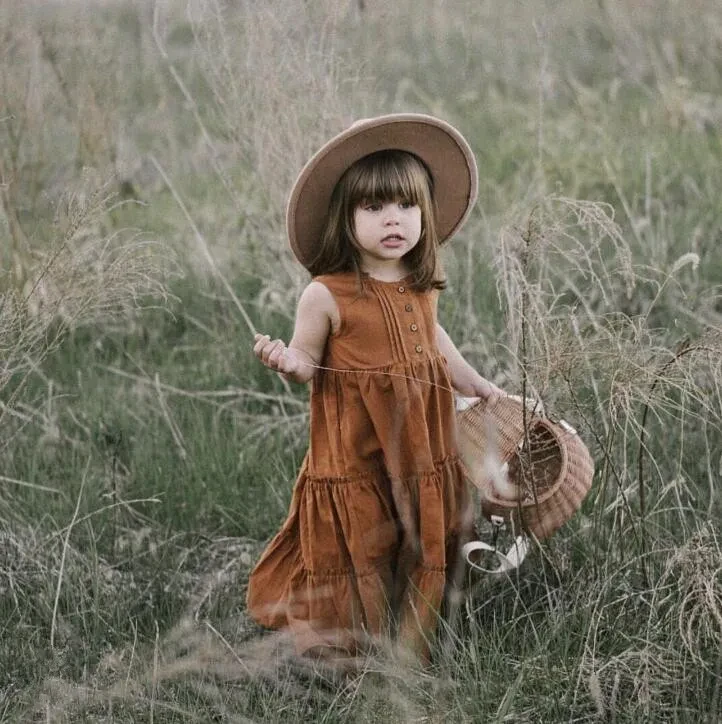 European and American Summer New Products Girls Linen Skirt Lace Pleated Sleeveless Princess Dress