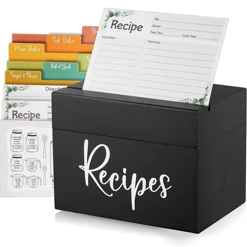 Wooden Recipe Box Organizer Set with 50 Recipe Cards