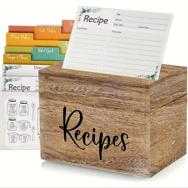 Wooden Recipe Box Organizer Set with 50 Recipe Cards