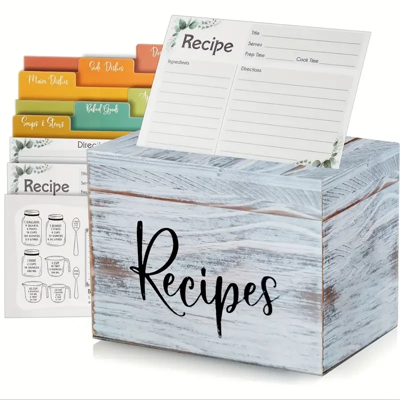 Wooden Recipe Box Organizer Set with 50 Recipe Cards