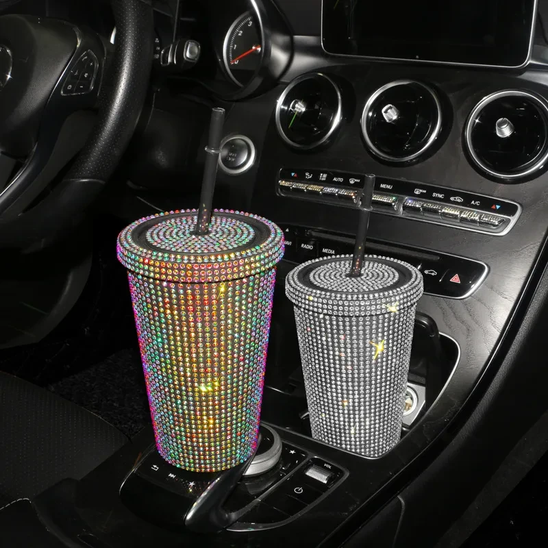 Simple Stylish With Lid Plastic Hot Drilling Drink Cup With Straw