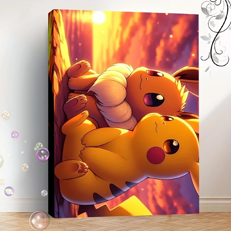 30x45cm/12x18 Inches Framed Canvas Art Print Pikachu and Eevee Sunset Scene