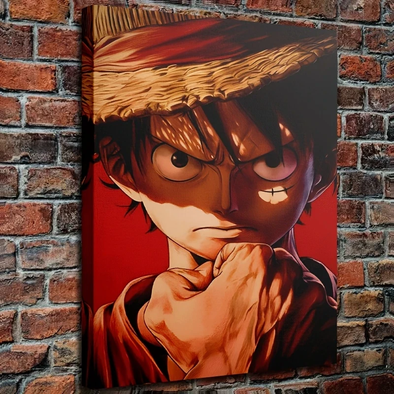1pc Framed Canvas Painting Dynamic Anime Character Artwork with Straw Hat & Intense Expression