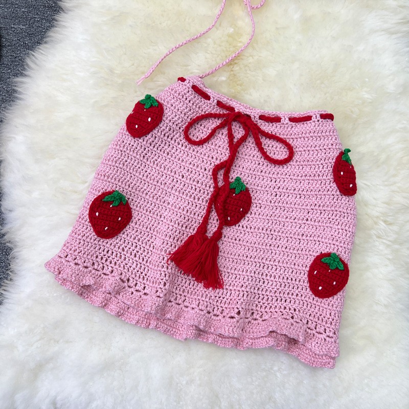 Vacation Style Sweet Knitted Strawberry Sling Tube Top Short Vest Hip Skirt