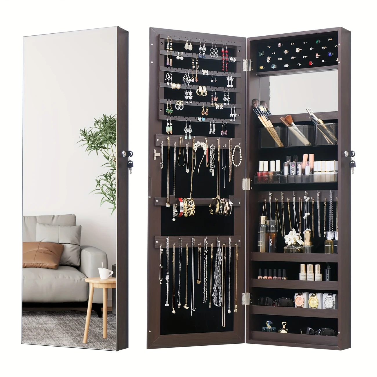 High-Wall Mirror Jewelry Cabinet with Black Frame