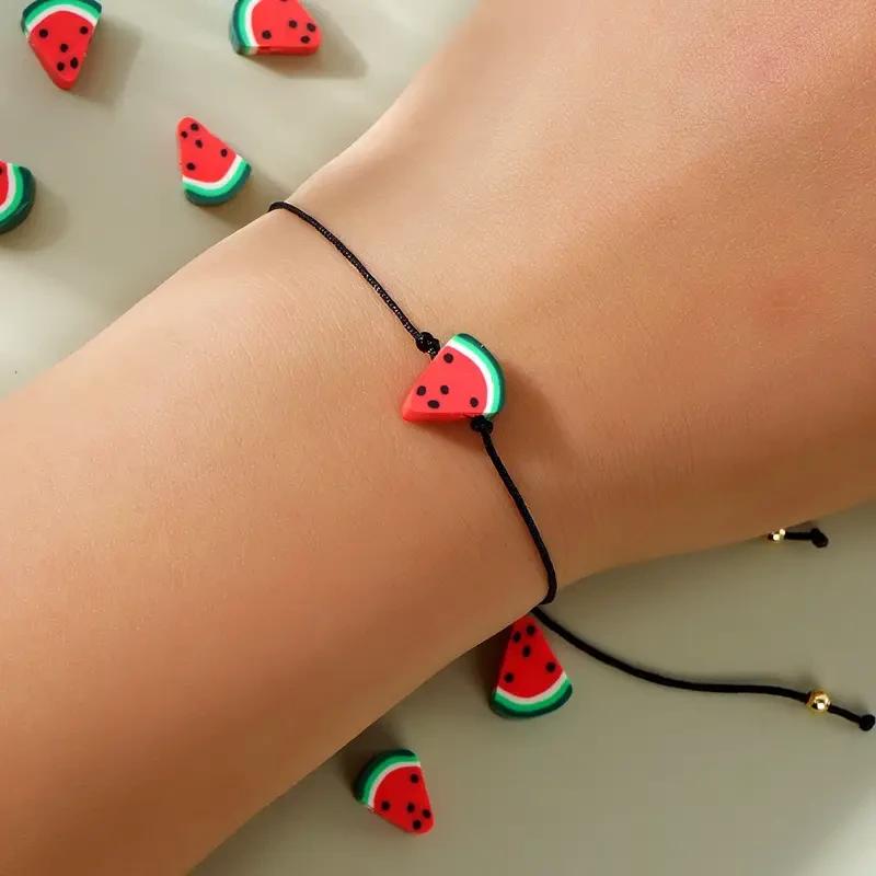 1PC Boho Style Polymer Clay Watermelon Friendship Bracelet for Women and Girls  No Plating, Handmade Soft Ceramic Bead, Adjustable Cord  Perfect for Beach Vacation, Daily Wear & Lucky Gift