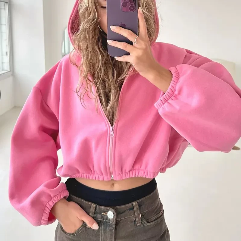 Casual Solid Color Hooded Short Jacket Y2K Fashion Sports Sweatshirt Long Sleeve Zip Up Cardigan Hoodies