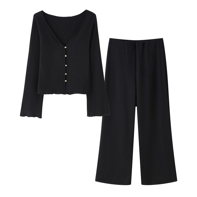 Texture Sense V-neck Long Sleeve Top Baggy Straight Trousers Suit