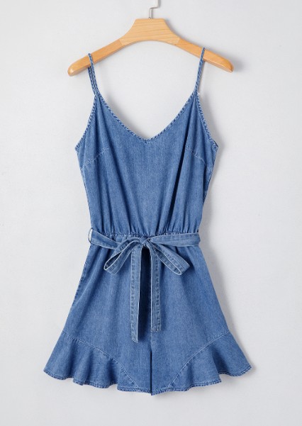 Ashleigh Blue Spaghetti Straps V Neck Belted Ruffled Leg Chambray Romper