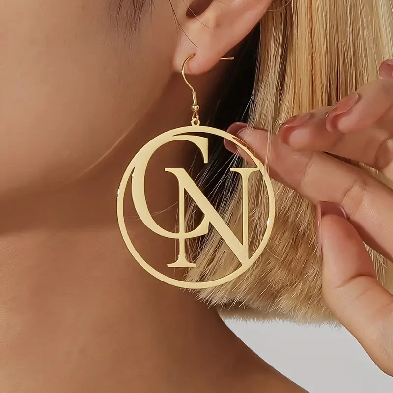 Customizable Womens Fashion Dangle Earrings with Personalized Monogram Design - 304L Stainless Steel, 18K Golden Plated