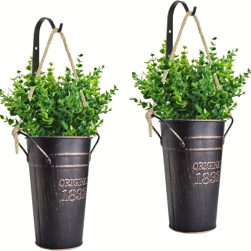 Set Of 2 Farmhouse Metal Wall Planter With Hooks