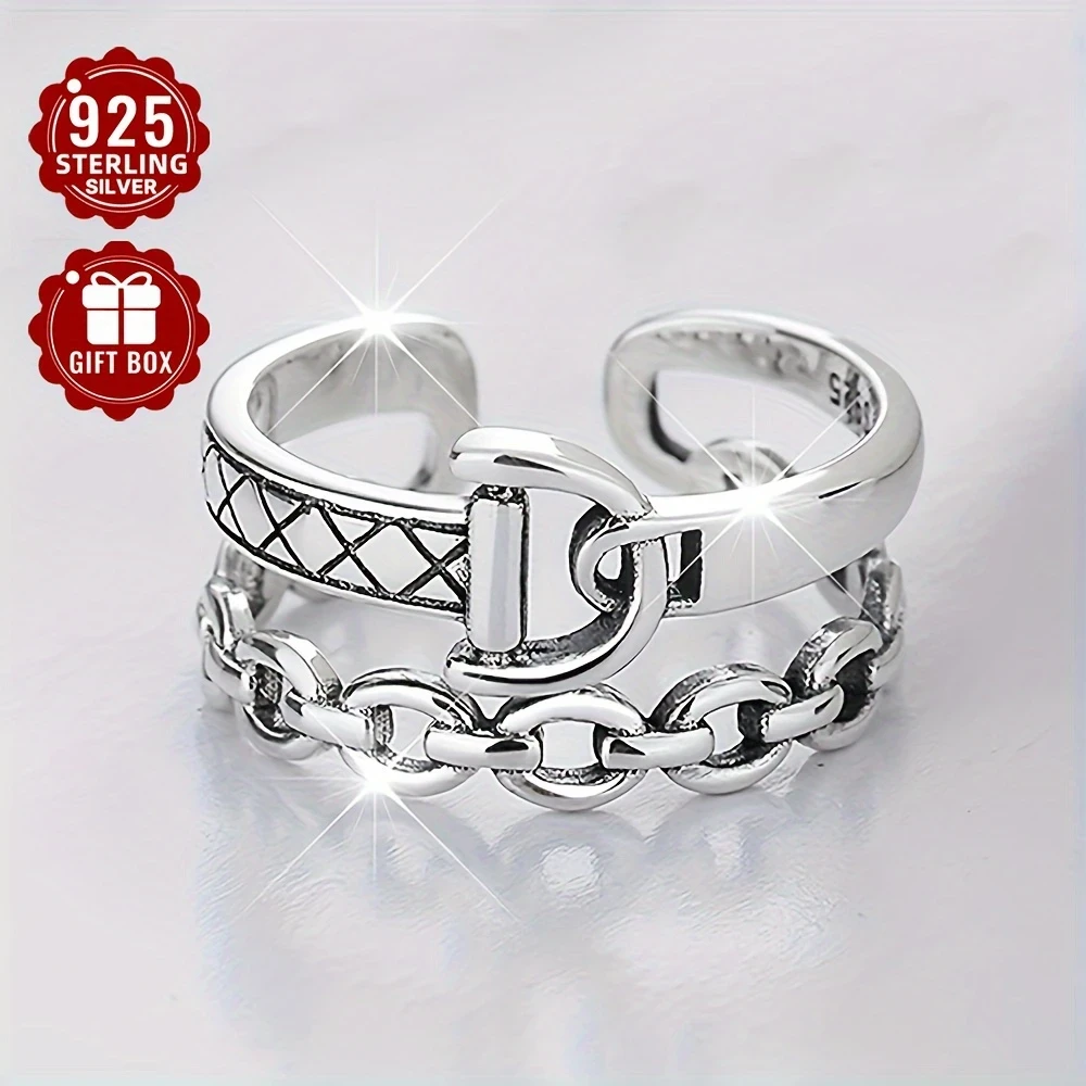 925 Sterling Silver Women's Fashion Ring Hip Hop Punk Style Double Layer D-Shaped Open Ring