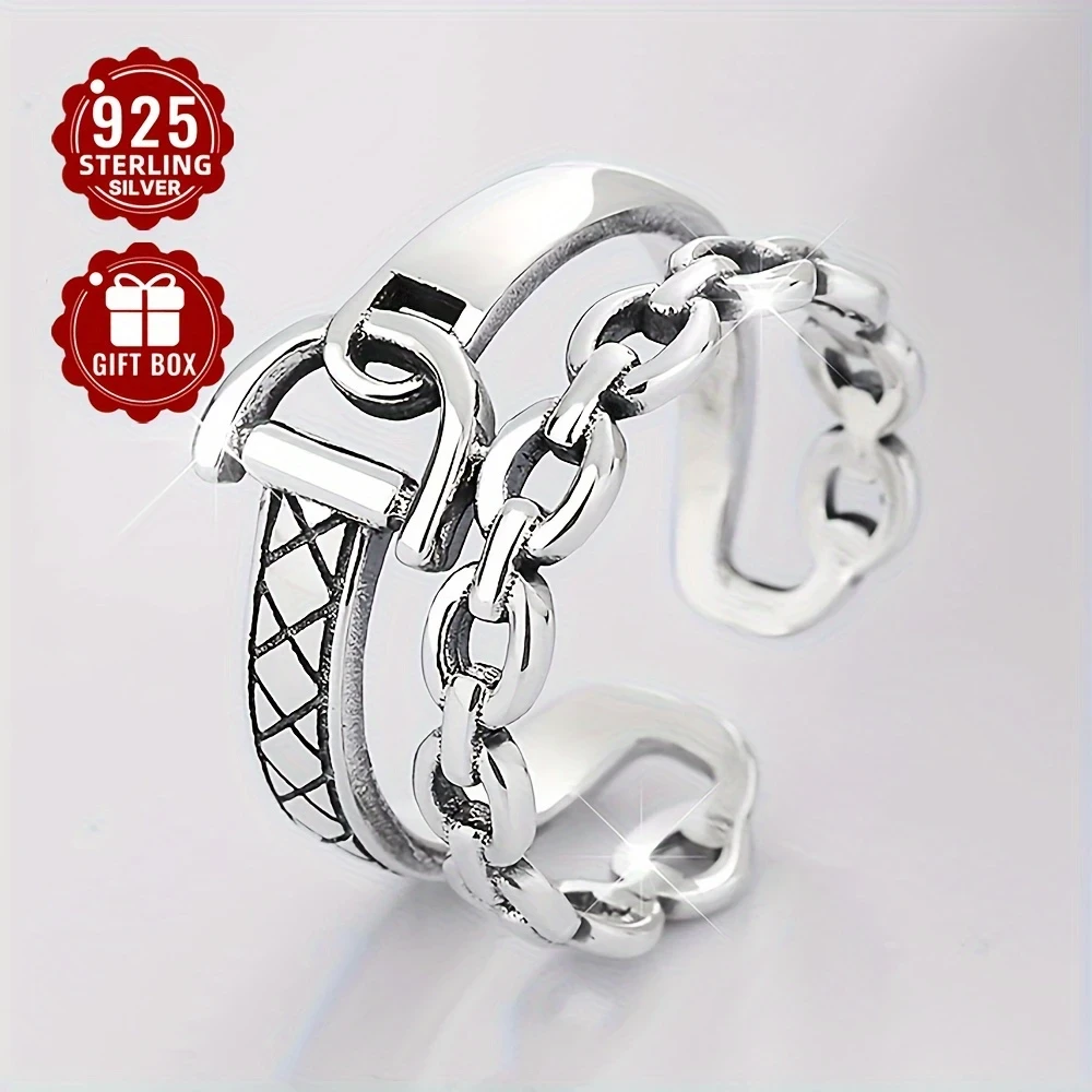 925 Sterling Silver Women's Fashion Ring  Hip Hop Punk Style Double Layer D-Shaped Open Ring